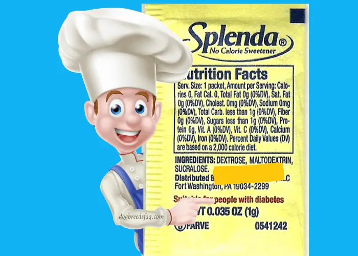 Can Dogs Eat Splenda? ( Is Sucralose Bad for Dogs ) 5 A cartoon chef pointing to Splenda ingredients on blue background