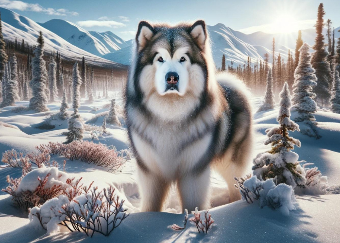 Alaskan Malamute in its natural, majestic Alaskan winter landscape