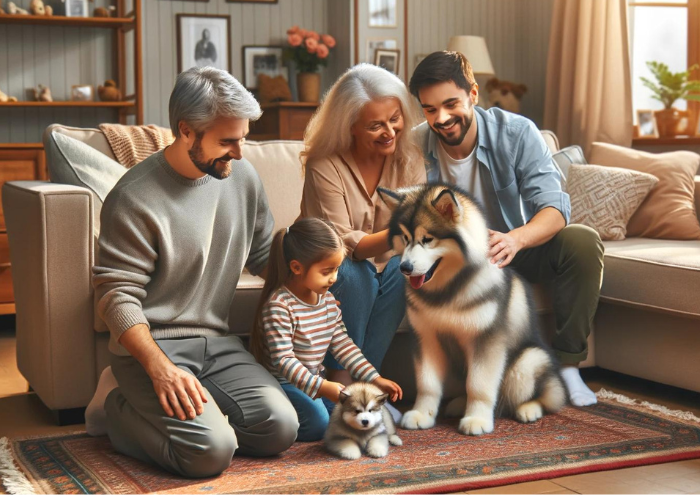 Alaskan Malamute with its puppy with a family in their home