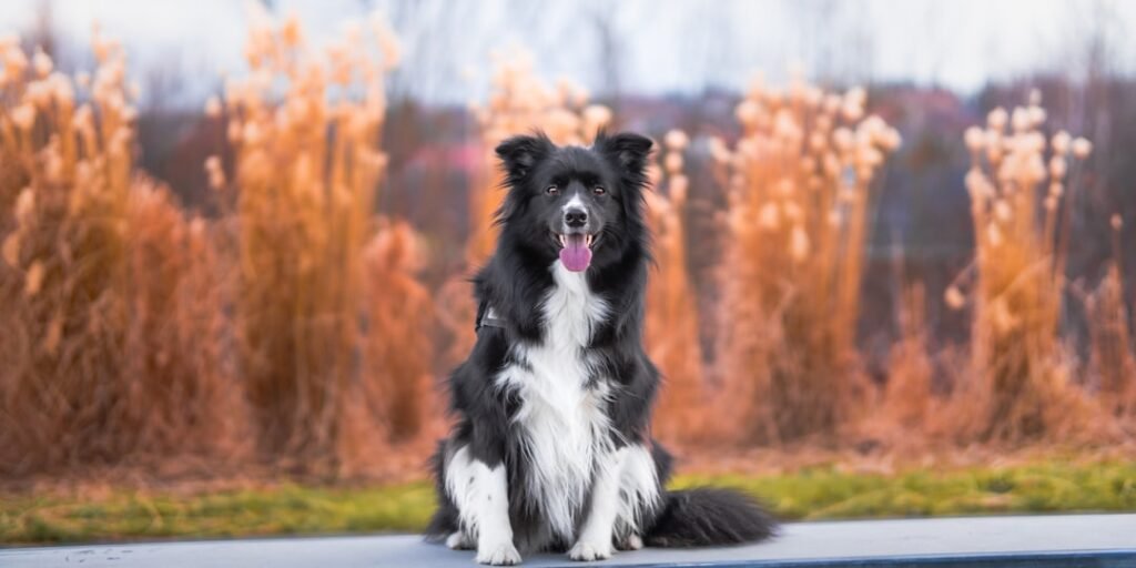 Dog outdoors in a wide natural landscape with room for the homepage heading