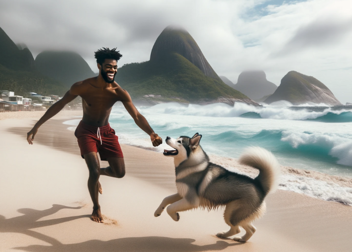  a young man with African descent joyfully playing fetch with his Alaskan Malamute on a sandy beach, with waves crashing in the background