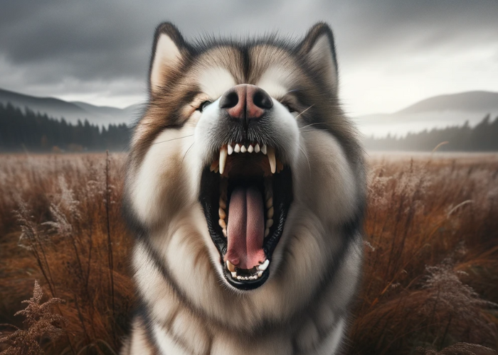 Photo of an Alaskan Malamute growling fiercely, with its hackles raised, in an open field
