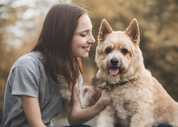 a female dog owner talking to her dog