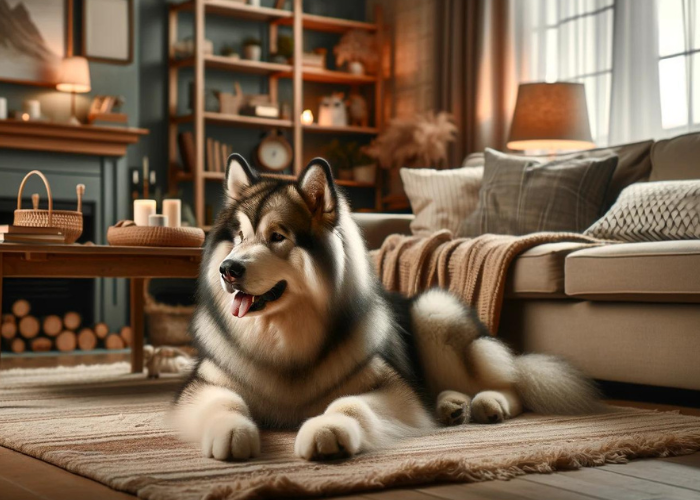 an alaskan malamute chilling out at home