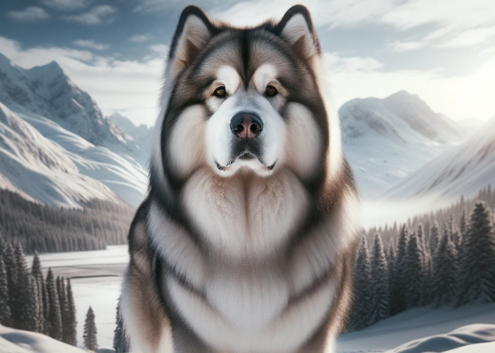 close up photo of Alaskan Malamute in a snowy landscape