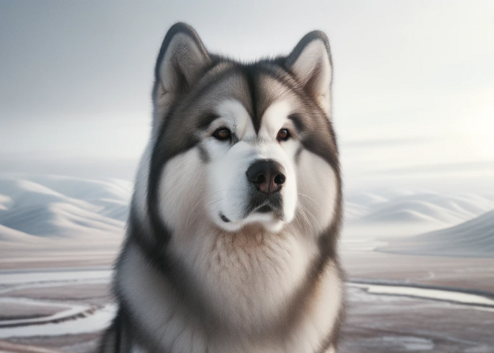 close up photo of Alaskan Malamute in a snowy plain background