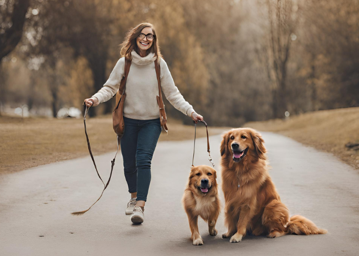 female and her 2 dogs walking in a park