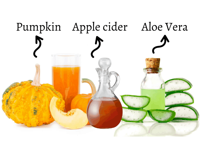 pumpkin, apple cider vinegar and aloe vera juices on white background