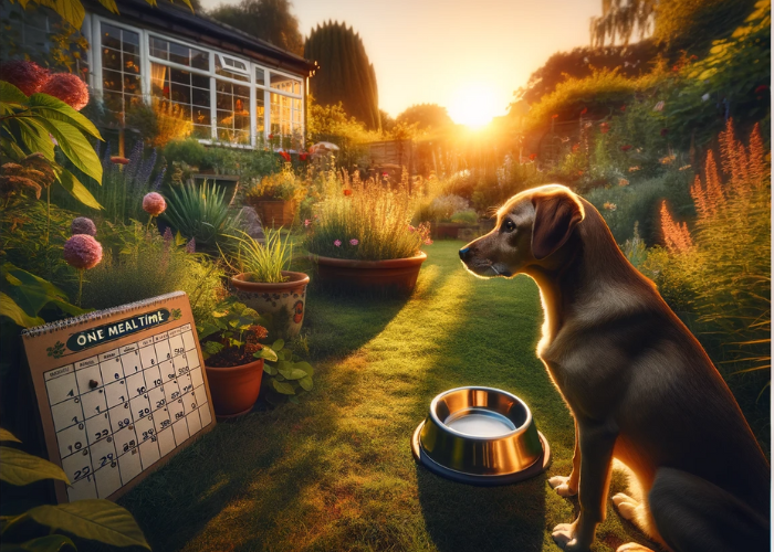 Once-a-Day Dog Feeding: Pros and Cons Explained 3 the concept of the drawbacks of once-a-day dog feeding, set in a beautiful backyard garden at sunset.